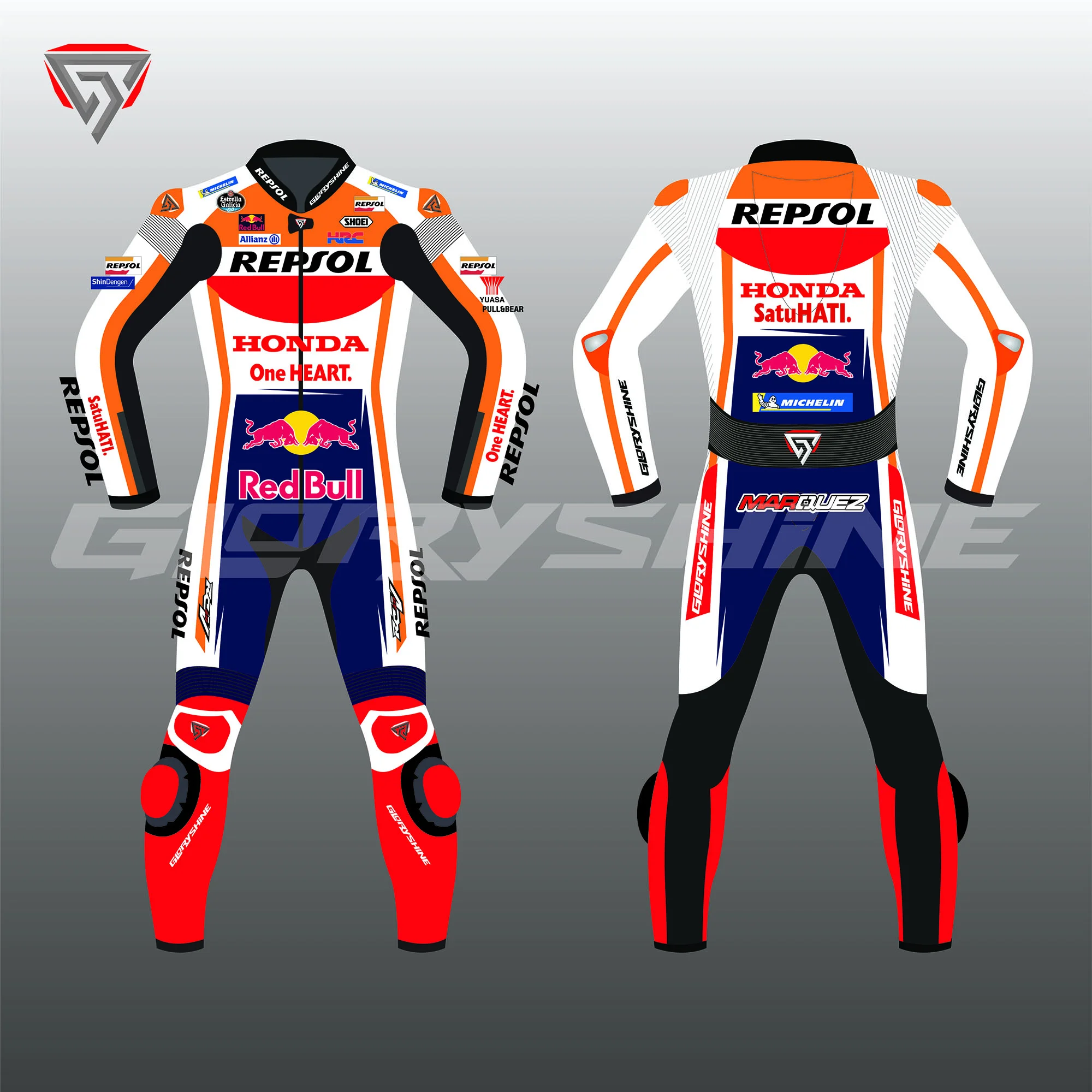 Marc Marquez Honda Repsol Leather Suit Motorcycle MotoGP 2020 Front & Back 2D