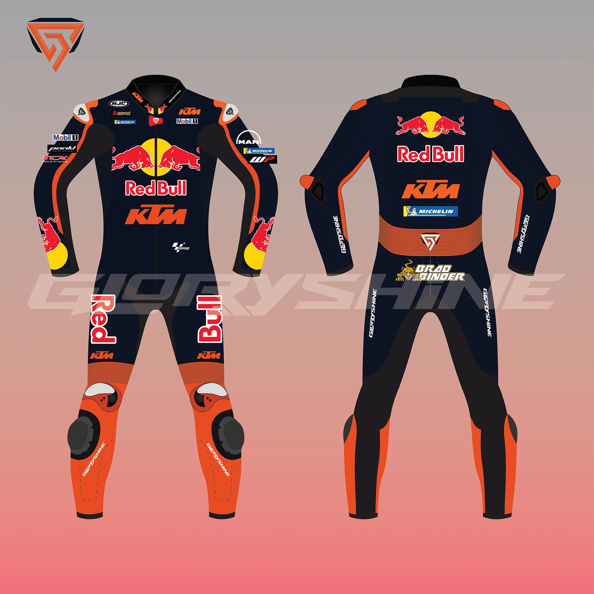 Brad Binder Racing Leathers Suit KTM Red Bull MotoGP Suit 2023 Front & Back 2D