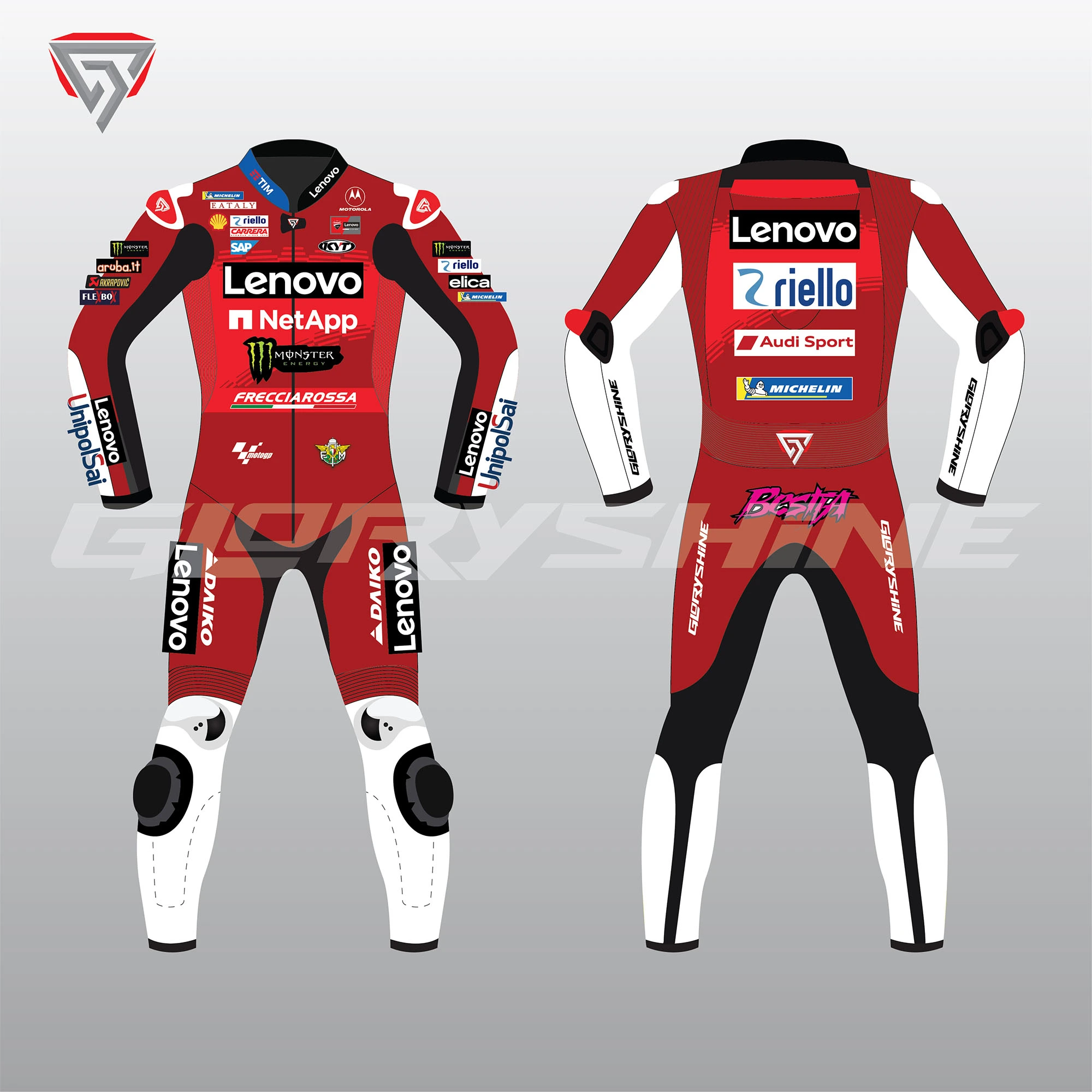 Enea Bastianini Motorcycle Suit Ducati Lenovo Team MotoGP 2024 Front & Back 2D