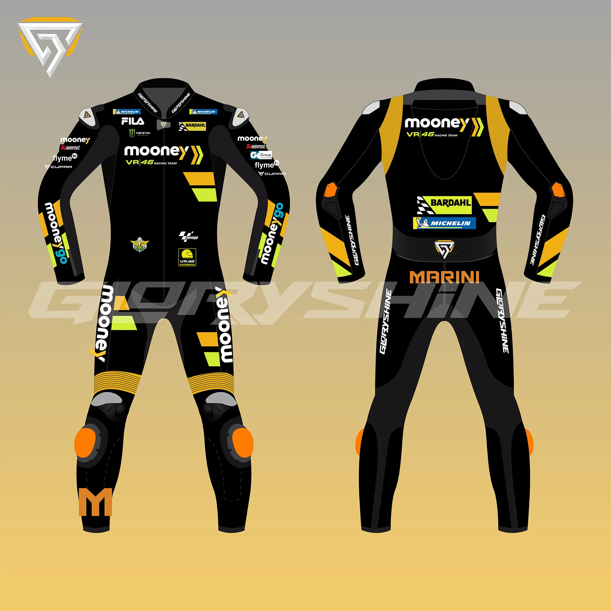 Luca Marini Motorcycle Suit Team Mooney VR46 MotoGP Suit 2023 Front & Back 2D